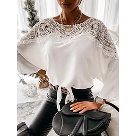 Dame Skjorte Bluse Grunnleggende Fritid Blonde Langermet Vanlige topper Crew-hals Daglig Svart Hvit Høst Vinter