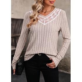 Women's Shirt Blouse Basic Casual Lace Long Sleeve Regular Tops V Neck Daily Gray Spring   Fall
