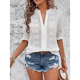 Dames Overhemd Blouse Basic Casual Halve mouw Normale tops Dagelijks Wit Blozend Roze Groen Zomer Lente  Herfst