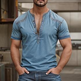 Men's Waffle Henley Shirt Denim Shirt Tee Short Sleeve Solid Color Plain Western Cowboy Buttons Henley Outdoor Casual Daily Summer Spring   Fall Blue Henley T-