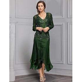 Two Piece A-Line Dress Suit Mother of the Bride Dress Elegant Vintage Sparkle Shine V Neck Asymmetrical Ankle Length Chiffon Long Sleeve with Lace Appliques 2
