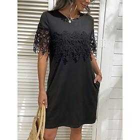 Women's Black Dress Mini Dress Lace Patchwork Casual Crew Neck Short Sleeve Black Color