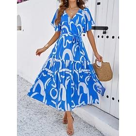 Dames Polyester Grafisch V-hals Maxi-jurk Korte mouw Zomer Lente
