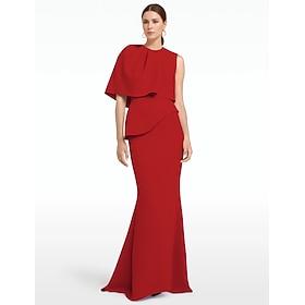 Mermaid / Trumpet Evening Gown Elegant Dress Formal Wedding Floor Length Sleeveless Jewel Neck Champagne Mother Of the Bride Dress Stretch Crepe with Shawl 202