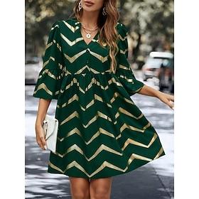 Women's Geometric Notched Neck Mini Dress 3/4 Length Sleeve Summer Spring