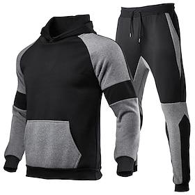 Men's Hoodie Tracksuit Sweatsuit Hoodies Set Black Red Light Grey BlackGray Gray Hooded Color Block Drawstring 2 Piece Front Pocket Sports Outdoor Daily Holid