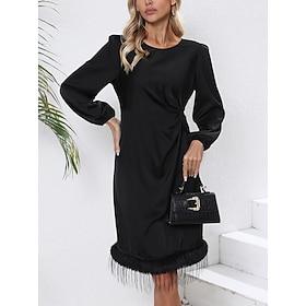 Damen schwarzes kleid Minikleid Patchwork Ausgefallene Rundhalsausschnitt Langarm Schwarz Farbe