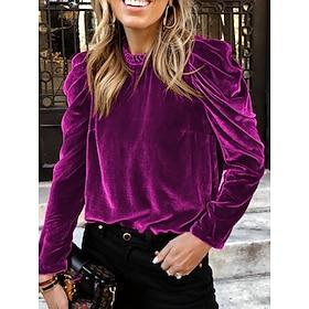 Dame Skjorte Bluse Fløyel Grunnleggende Fritid Rynket Langermet Vanlige topper Rullekrage Daglig Navyblå Fuksia Grønn Høst Vinter