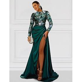 A-Line Evening Gown Elegant Dress Formal Wedding Floor Length Long Sleeve Jewel Neck Champagne Mother Of the Bride Dress Satin with Slit Embroidery Appliques 2