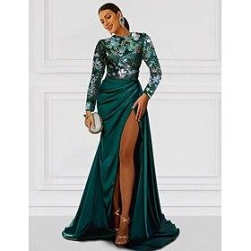 A-Line Evening Gown Elegant Dress Formal Wedding Floor Length Long Sleeve Jewel Neck Champagne Mother Of the Bride Dress Satin with Slit Embroidery Appliques 2