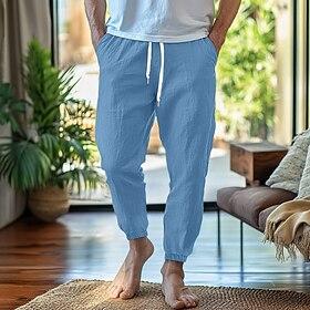 Men's Linen Pants Trousers Summer Pants Elastic Waist Straight Leg High Rise Solid Color Comfort Breathable Full Length Home Simple Casual Black White Inelasti
