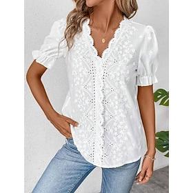 Women's Shirt Blouse Basic Casual Lace Short Sleeve Regular Tops V Neck Daily White Summer