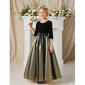 A-Line Floor Length Flower Girl Dress Wedding Party Girls Cute Prom Dress Velvet with Bow(s) Elegant Fit 3-16 Years