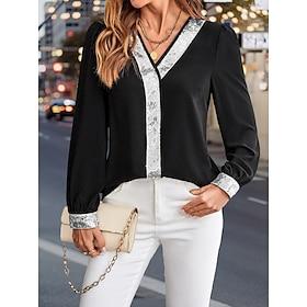 Women's Shirt Blouse Basic Casual Sequins Long Sleeve Regular Tops V Neck Daily Black Fall Winter