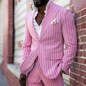 Men's Blazer Business Cocktail Party Wedding Party Fashion Casual Spring   Fall Polyester Stripes Buttons Pocket Comfortable Single Breasted Blazer Pink