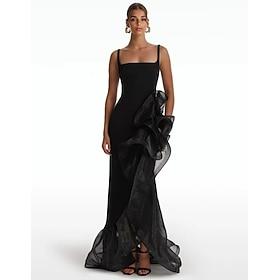 Black Gown A-Line Prom Dresses Elegant Formal Wedding Floor Length Sleeveless Square Neck Satin with Ruffles Slit Shouder Flower 2024