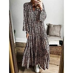Women's Leopard V Neck Maxi Dress Long Sleeve Summer Spring