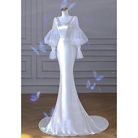 Wedding Dresses Mermaid / Trumpet Scoop Neck Long Sleeve Court Train Taffeta Bridal Gowns With Pearls 2024