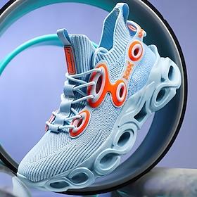 futuristische sneakers voor heren in lichtblauw en oranje, hightech design met flexibel mesh bovenwerk en unieke bubbelzool, ideaal voor stedelijke stijl en ca