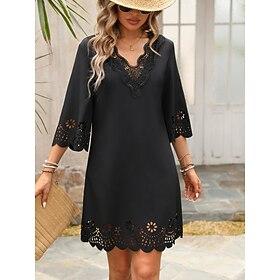 Women's Black Dress Mini Dress Lace Patchwork Casual V Neck 3/4 Length Sleeve Black Color