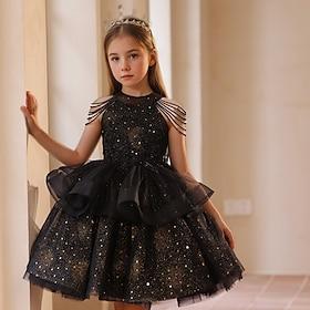 Prinsesse Knelengde Blomsterpikekjole Konkurranse Jenter Søt ballkjole Paljetter med Ensfarget Lag-på-lag Passer 3-16 år