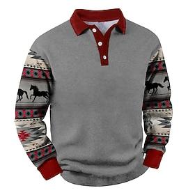 Men's Graphic Horse Flannel Polo Shirt Long Sleeve Polo Shirts Collared Shirts Casual Outdoor Dailywear Outdoor clothing 3D Print Yellow Red Gray