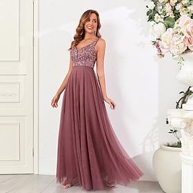 A-lijn Jurken voor bruiloftsgasten Elegant Jurk Bruiloft gast Verjaardag Tot de grond Mouwloos V-hals Roze jurk Tule V Terug met Pailletten 2024