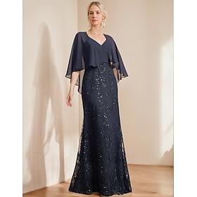 A-linje Kjoler Kjole til brudens mor Elegant Glitrende V-hals Gulvlengde Chiffon Blonder Kortermet med Blonder Paljett 2024