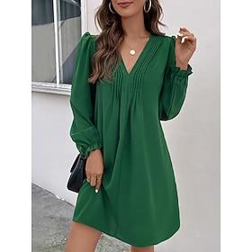 Women's Casual Dress Mini Dress Ruched Casual V Neck Long Sleeve Green Color