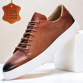 Bruine leren geweven sneakers met witte zool voor heren veelzijdig voor casual en zakelijk casual