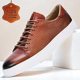 Bruine leren geweven sneakers met witte zool voor heren  veelzijdig voor casual en zakelijk casual