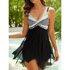 Damen Badeanzug Badekleider Bademode Rückenfrei Patchwork Punkt V Ausschnitt Elegant Urlaub Badeanzüge