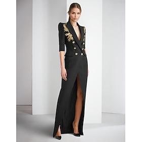 A-Line Evening Gown Elegant Dress Formal Wedding Floor Length Half Sleeve Shirt Collar Stretch Crepe with Slit Embroidery Appliques 2024