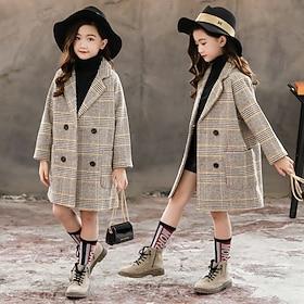 Kids Girls' Trench Coat Long Sleeve Beige Plaid Spring Fall Streetwear School 4 years