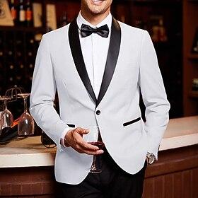 Men's Blazer Business Cocktail Party Wedding Party Fashion Casual Spring   Fall 75% Cotton Color Block Buttons Pocket Comfortable Single Breasted Blazer White