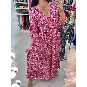 Women's Floral V Neck Maxi Dress 3/4 Length Sleeve Summer Spring