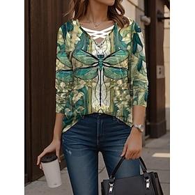 Dames T-shirt Casual Uitknippen Afdrukken Lange mouw Normale tops V-hals Dagelijks Groen Lente Herfst