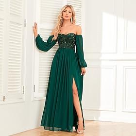 A-lijn Jurken voor bruiloftsgasten Elegant Jurk Bruiloft gast Verjaardag Tot de grond Lange mouw Schouderafhangend Convertible Chiffon V Terug met Pailletten 2