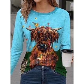 Damen T Shirt Modisch Modern Brautkleider schlicht Bedruckt Langarm Normale Oberteile Rundhalsausschnitt Täglich Wochenende Blau Herbst Winter
