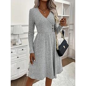 Damen Vintage-Kleid Minikleid Knopf Drapiert Ausgefallene V Ausschnitt Langarm Grau Farbe