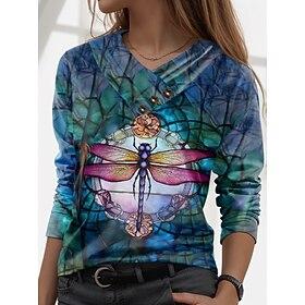 Dames T-shirt Stijlvol Casual Afdrukken Lange mouw Normale tops V-hals Dagelijks Groen Herfst Winter