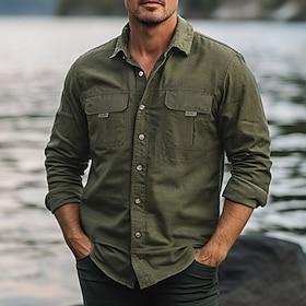 Men's Shirt Work Shirt Button Up Shirt Cargo Shirt Black Green khaki Light Grey Long Sleeve Plain Lapel Vacation Holiday Front Pocket Clothing Apparel Fashion