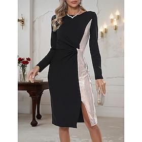 Dame Paljettkjole Mini kjole Paljetter Rynket Formelt Crew-hals Langermet Svart Farge