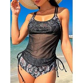 Dames Zwemkleding Tankini 2 stuks Zwempak Netstof Blote rug Hoge taille Paisley U-hals Vakantie Strand Kleding Badpakken
