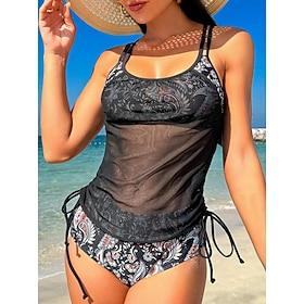 Dames Zwemkleding Tankini 2 stuks Zwempak Netstof Blote rug Hoge taille Paisley U-hals Vakantie Strand Kleding Badpakken