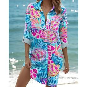 Dame Bluse Stilfull Strandstil Trykt mønster Langermet Lange topper Skjortekrage Feriereise Blå Vår Høst