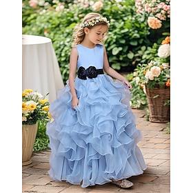 Prinses Tot de grond Bloemenmeisjesjurk Quinceanera Meisjes Leuke galajurk Organza met Strik(ken) Koninklijke stijl Geschikt voor 3-16 jaar