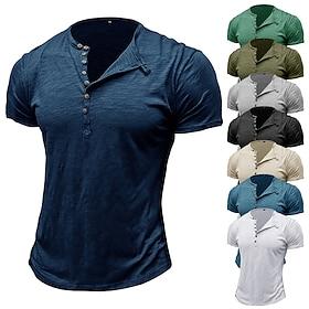 100%Cotton Men's T Shirt Henley Shirt Tee Short Sleeve Shirt Tee Top Plain Vintage Designer Basic Button Up Henley Vacation Street Casual Daily Spring Summer B
