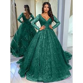 A-Line Prom Dresses Vintage Dress Formal Masquerade Floor Length Long Sleeve V Neck Tulle with Glitter 2024