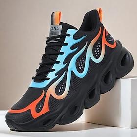 Heren zwarte en blauwe vlammen sneakers met oranje accenten, comfortabel mesh bovenwerk en opvallende bubbelzool, ideaal voor dagelijks gebruik en casual sport